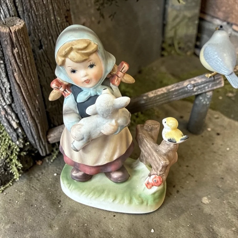 Vintage Royal Crown Porcelain Girl with Lamb Figurine Mid Century Japan